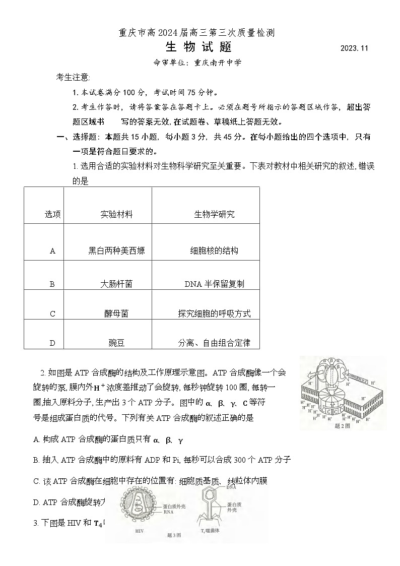 2024重庆市南开中学高三上学期11月月考试题生物含解析第1页