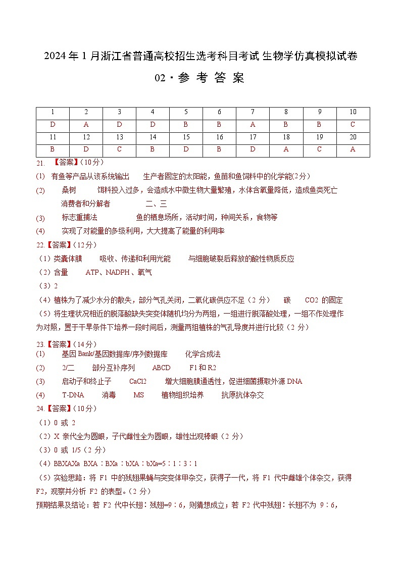 2024年1月浙江省普通高校招生选考科目考试生物学仿真模拟卷02（参考答案）第1页
