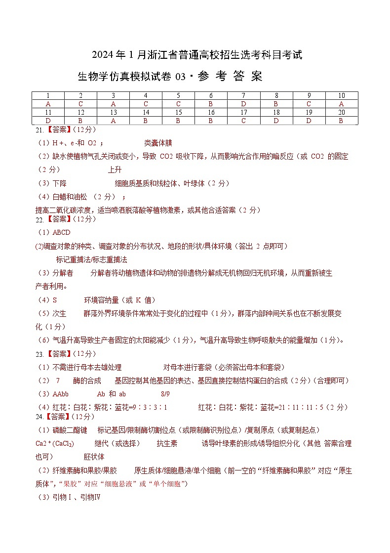 2024年1月浙江省杭州高中普通高校招生选考科目考试生物仿真模拟卷03（解析版）01