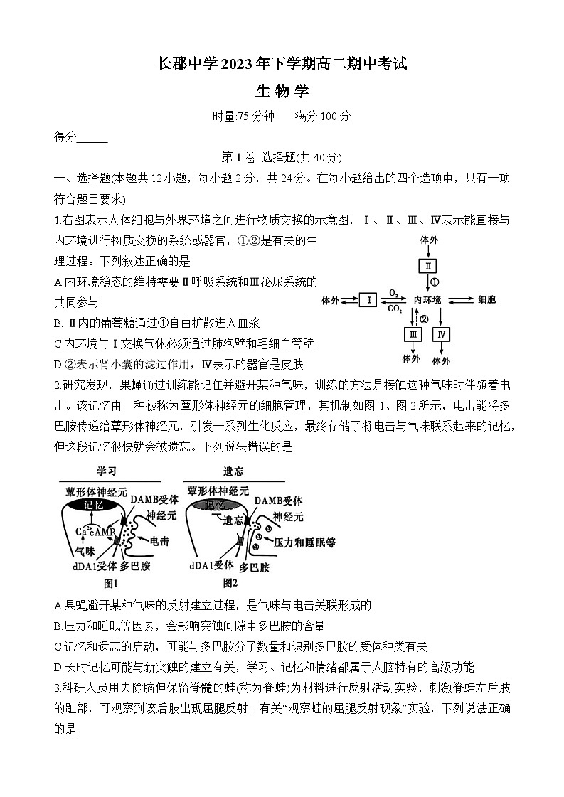 2024长沙长郡中学高二上学期期中考试生物含解析01