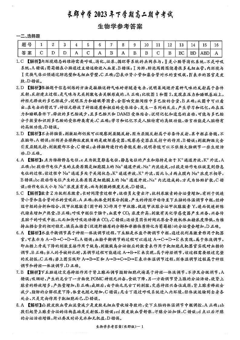 2024长沙长郡中学高二上学期期中考试生物试卷PDF版含答案01