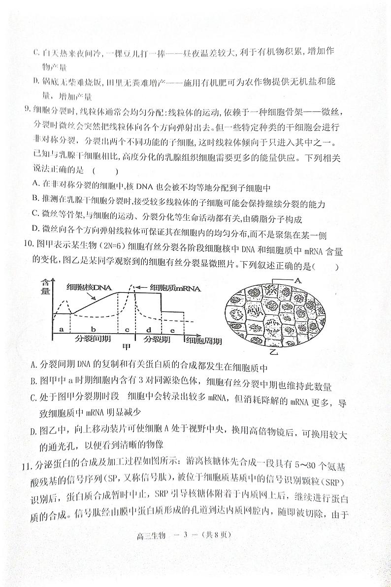 福建省福州市八县（区市）协作校2023-2024学年高三上学期期中考试生物学试题03