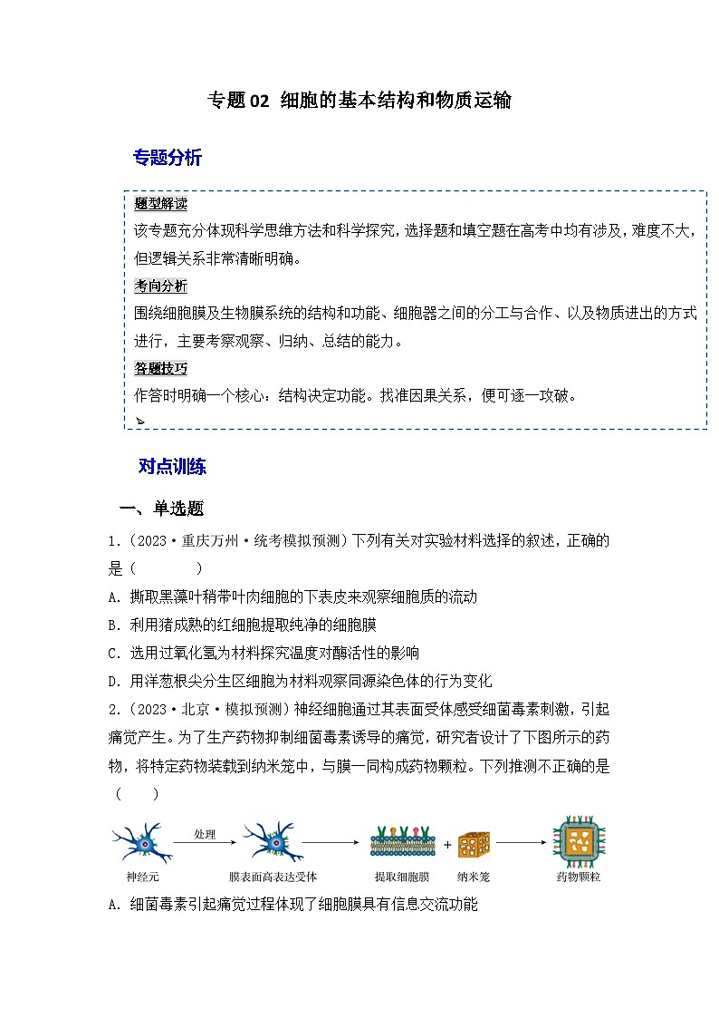 专题02 细胞的基本结构和物质运输（原卷版）第1页