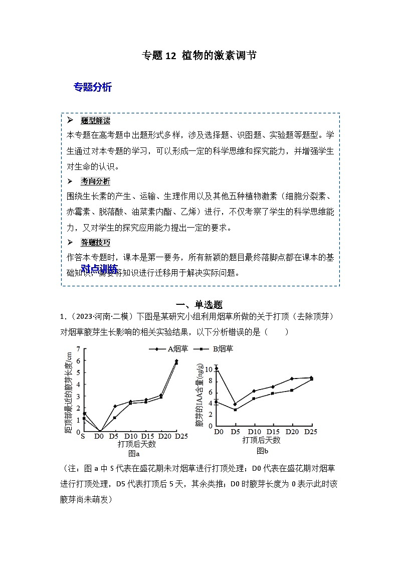 2024年高考生物一轮复习重难点训练 专题12 植物的激素调节试题（含答案）01