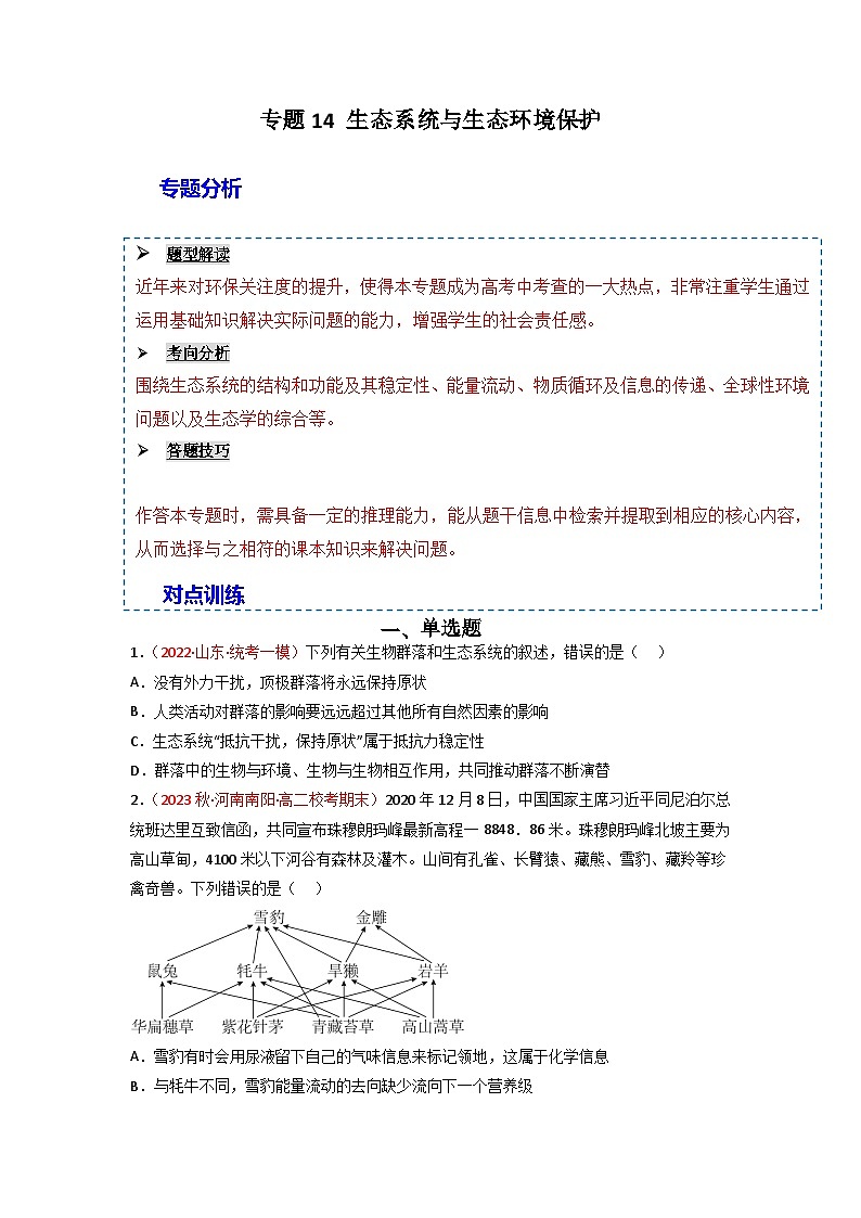 2024年高考生物一轮复习重难点训练 专题14 生态系统与生态系统保护试题（含答案）01