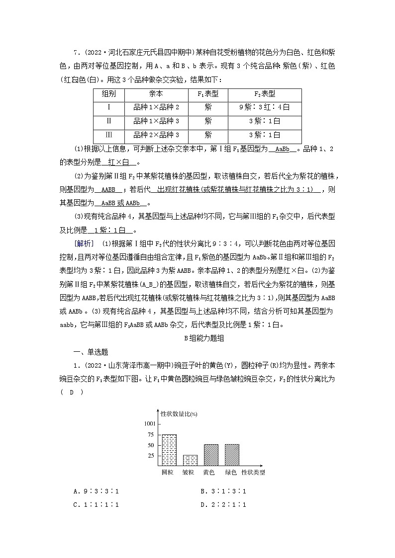新教材2023年高中生物第1章遗传因子的发现第2节孟德尔的豌豆杂交实验二提能作业新人教版必修2第3页