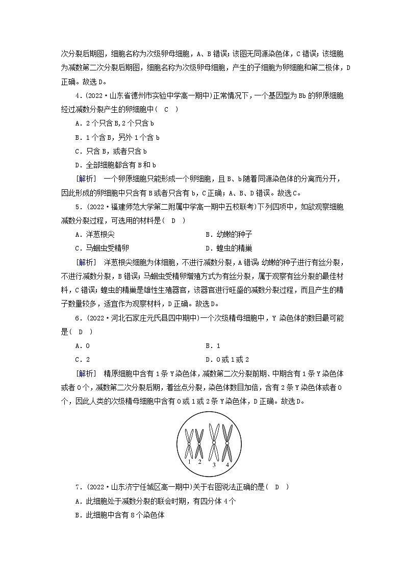 新教材2023年高中生物第2章基因和染色体的关系第1节减数分裂和受精作用提能作业新人教版必修2第2页