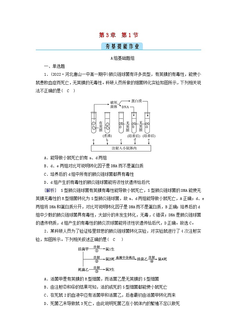 新教材2023年高中生物第3章基因的本质第1节DNA是主要的遗传物质提能作业新人教版必修201