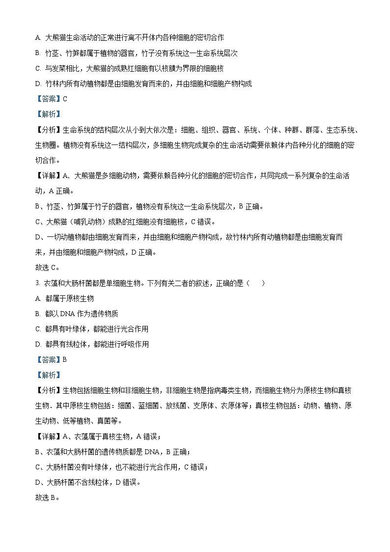 2024昆明三中高一上学期期中考试生物试题含解析02