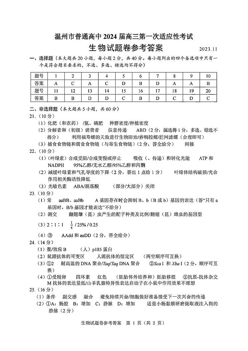 生物试题卷参考答案第1页