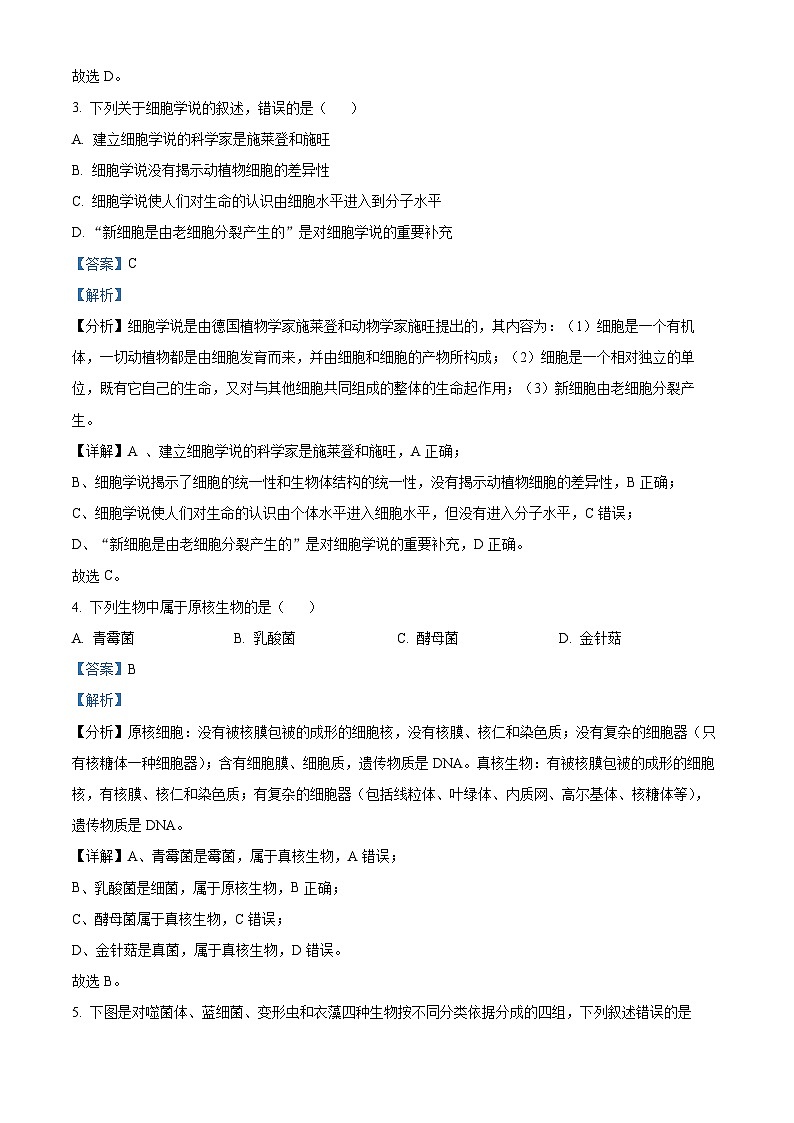 甘肃省酒泉市四校2023-2024学年高一生物上学期期中联考试题（Word版附解析）第2页