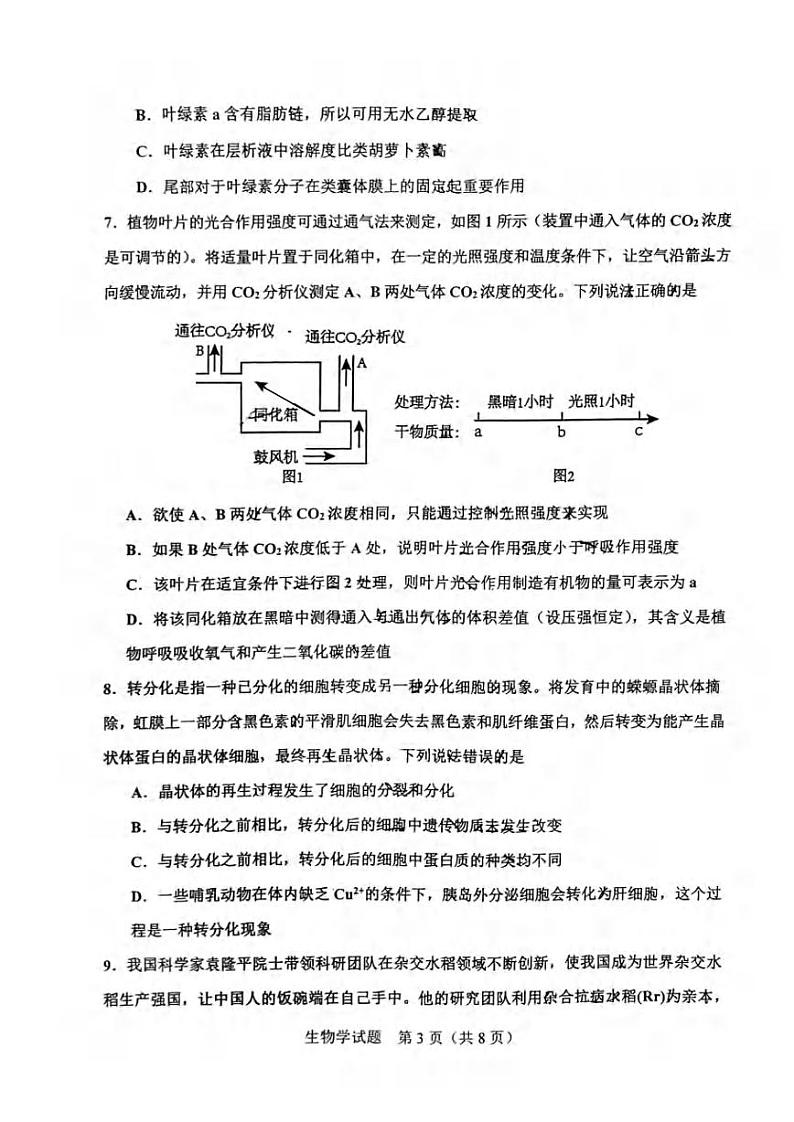 重庆市渝中区2023-2024学年高三上学期期中考试生物试题及答案03