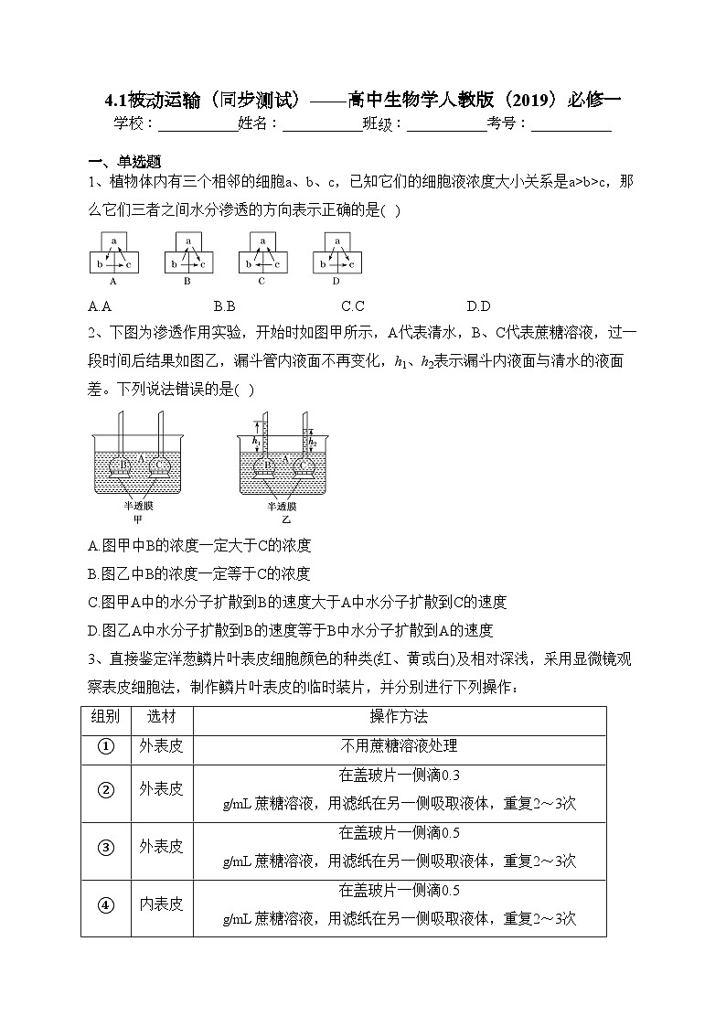 4.1被动运输（同步测试）——高中生物学人教版（2019）必修一(含答案)01