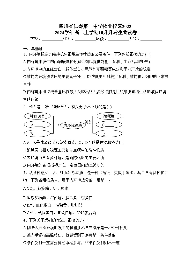 四川省仁寿第一中学校北校区2023-2024学年高二上学期10月月考生物试卷(含答案)01