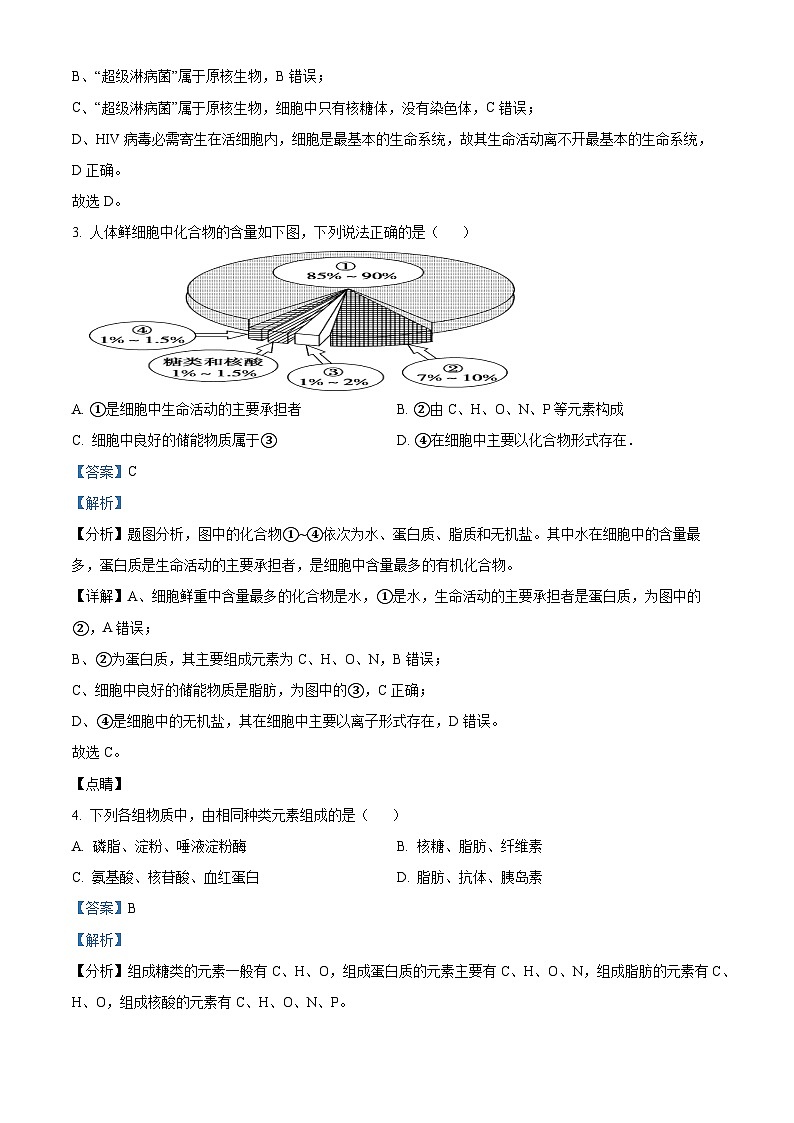 天津市红桥区2023-2024学年高一生物上学期期中试题（Word版附解析）02