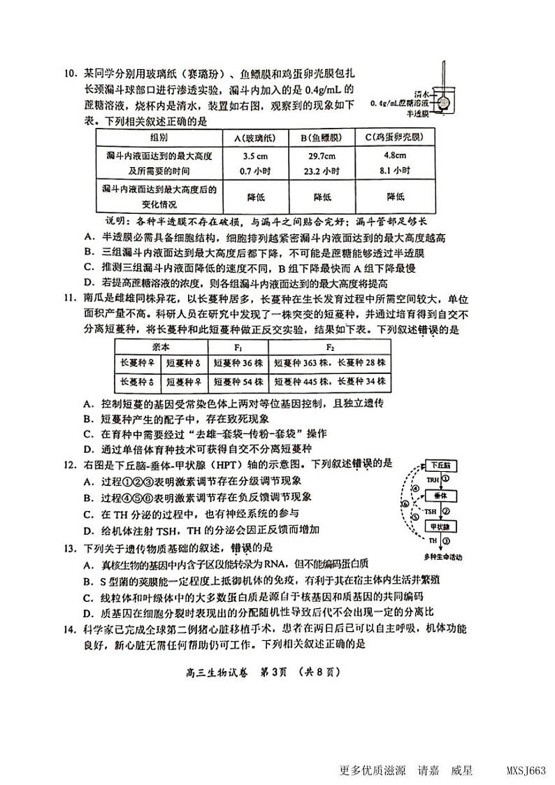 江苏省常州市教育学会2023—2024学年高三上学期11月学业水平监测生物试题第3页