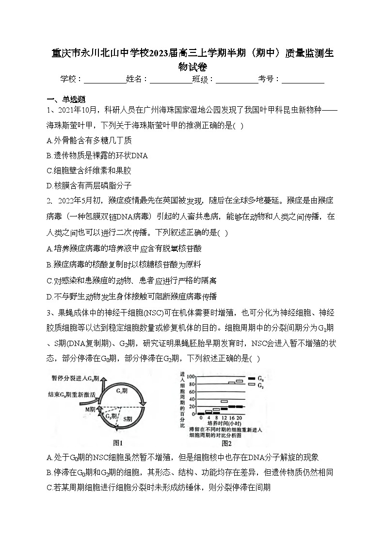 重庆市永川北山中学校2023届高三上学期半期（期中）质量监测生物试卷(含答案)第1页