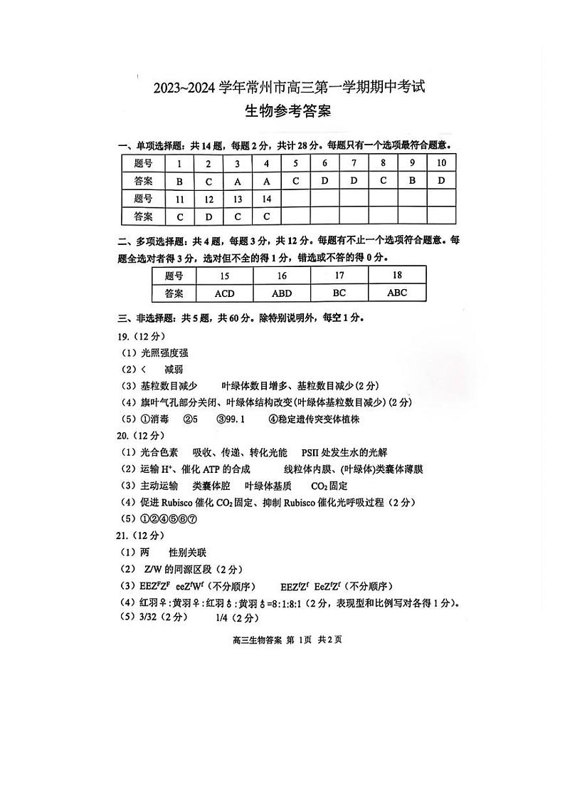 2024常州高三上学期期中学业水平监测生物PDF版含答案01