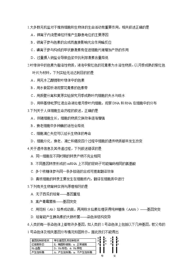 吉林省实验中学高三一模理综生物试题及答案01
