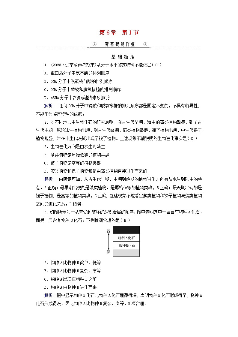 新教材适用2023_2024学年高中生物第6章生物的进化第1节生物有共同祖先的证据夯基提能作业新人教版必修201