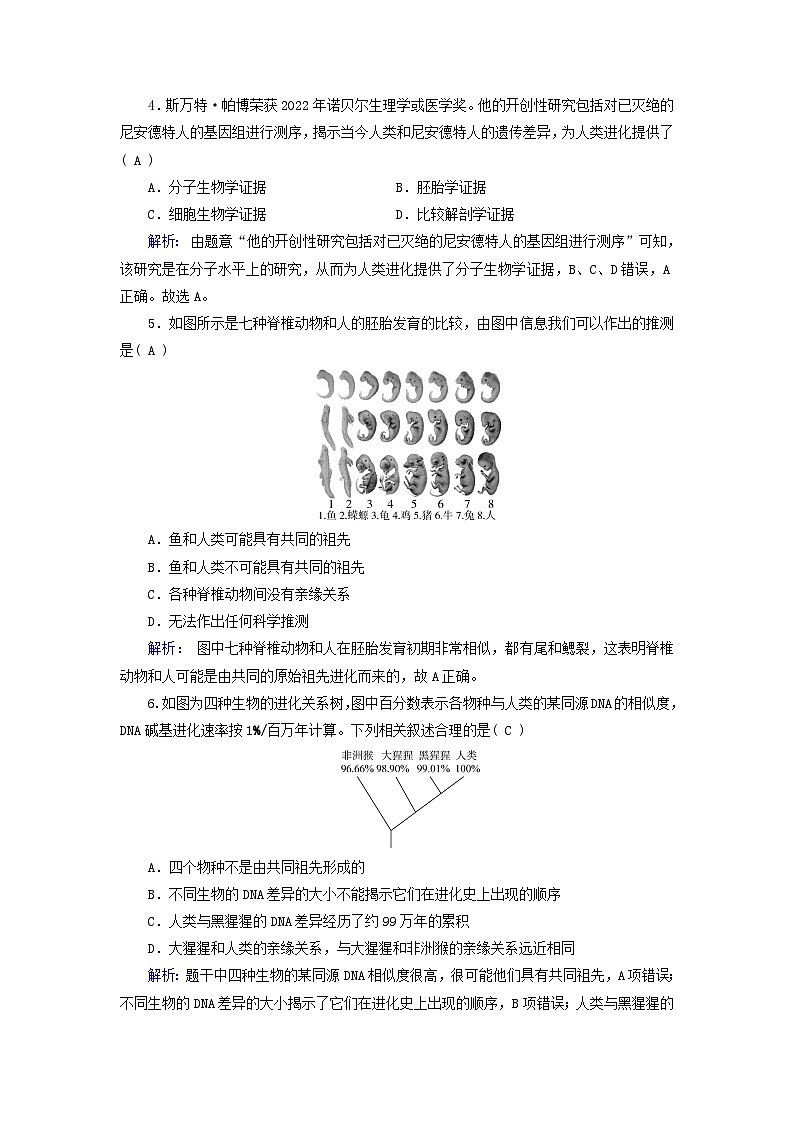 新教材适用2023_2024学年高中生物第6章生物的进化第1节生物有共同祖先的证据夯基提能作业新人教版必修202