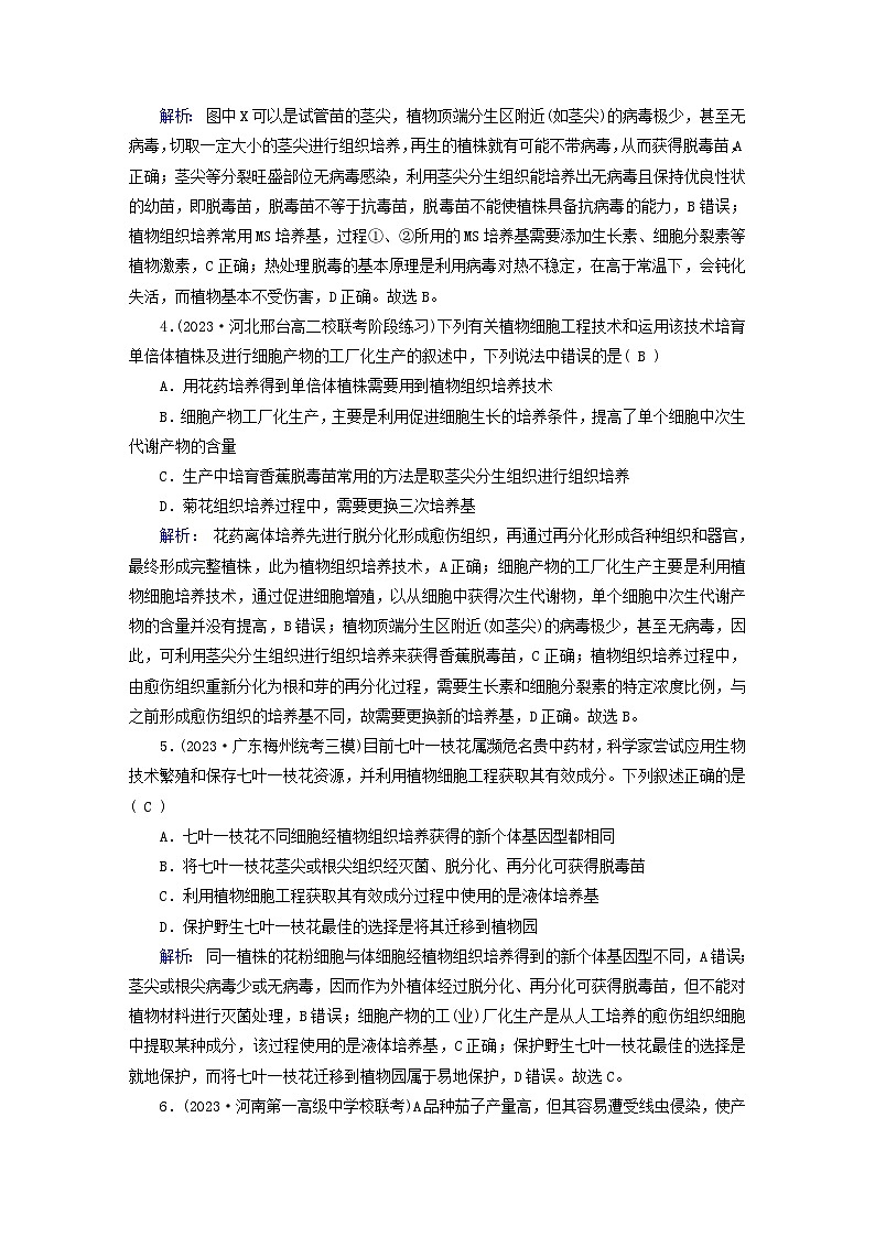 新教材适用2023_2024学年高中生物第2章细胞工程第1节植物细胞工程第2课时植物细胞工程的应用和细胞产物的工厂化生产夯基提能作业新人教版选择性必修302