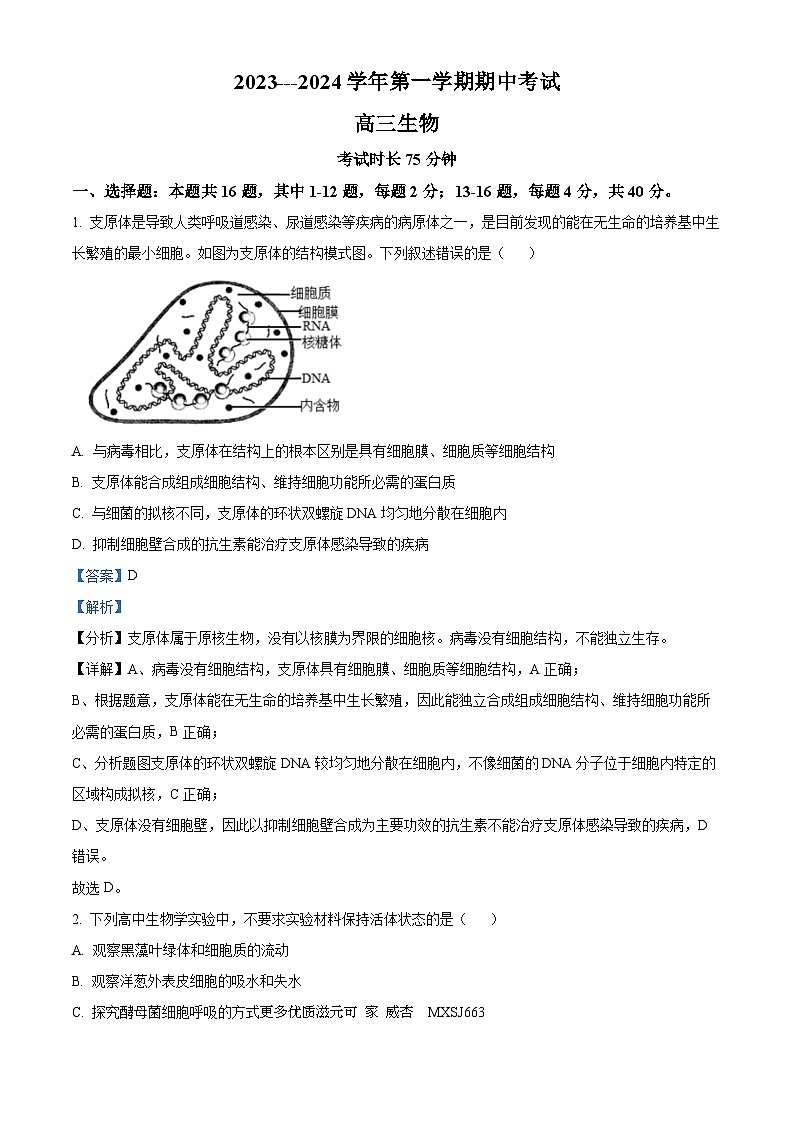 福建省厦门市湖滨中学2023-2024学年高三上学期期中生物试题（解析版）01