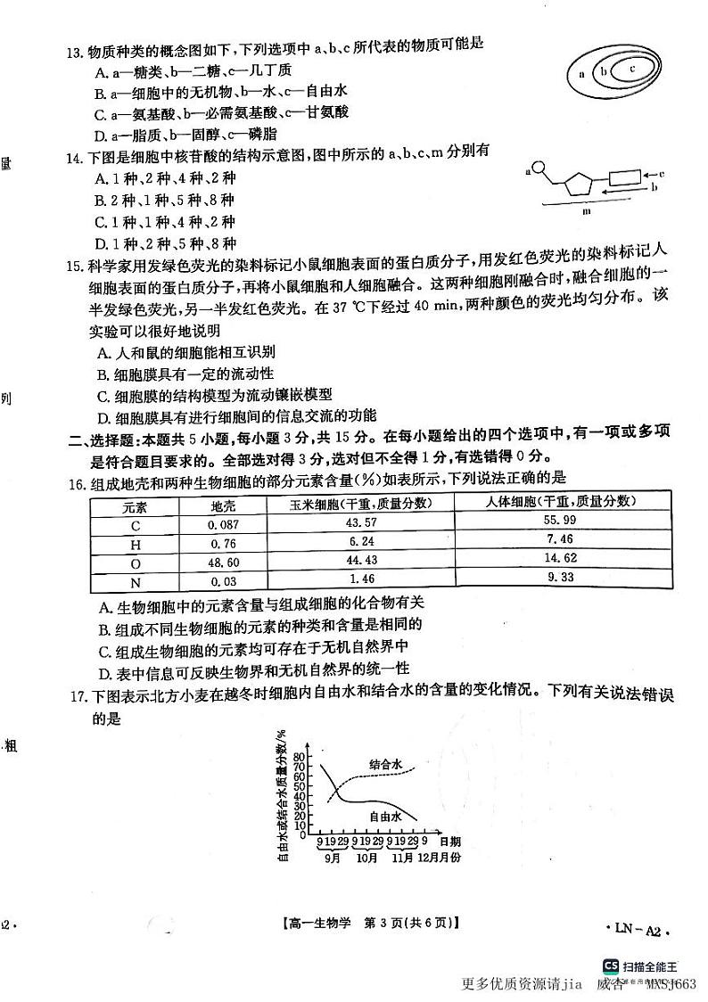 辽宁省抚顺市六校协作体2023-2024学年高一上学期期中考试生物试题03