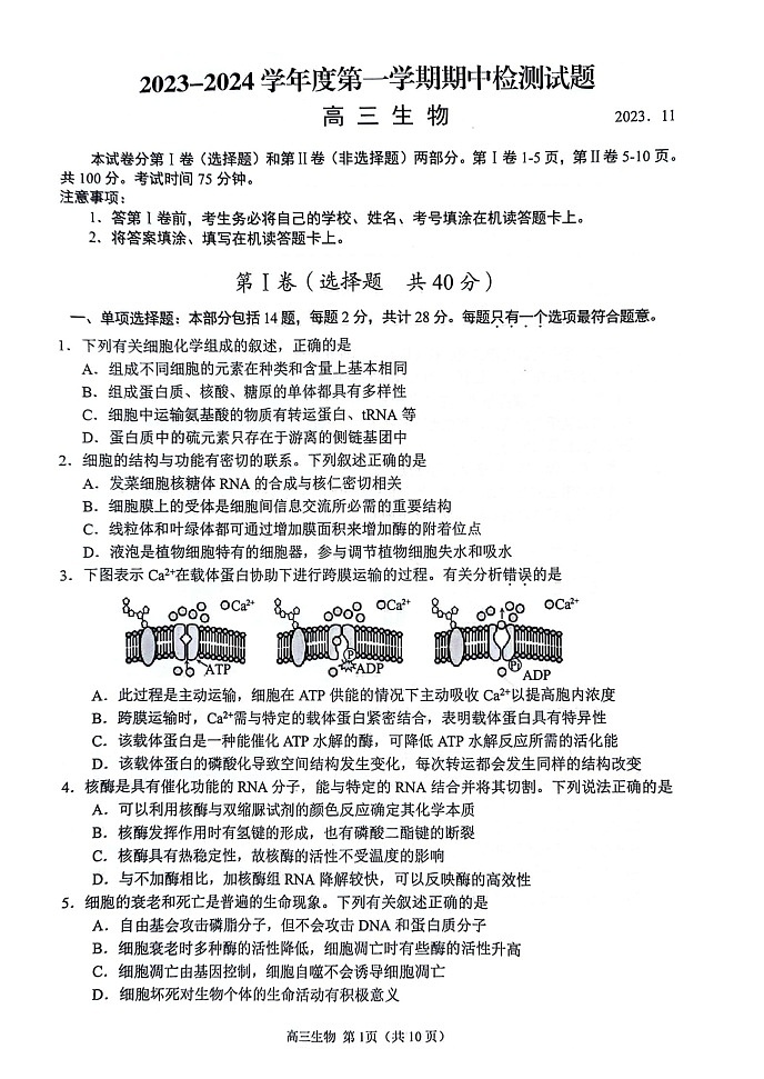 江苏省扬州市2023-2024学年高三上学期11月期中生物试题及答案01