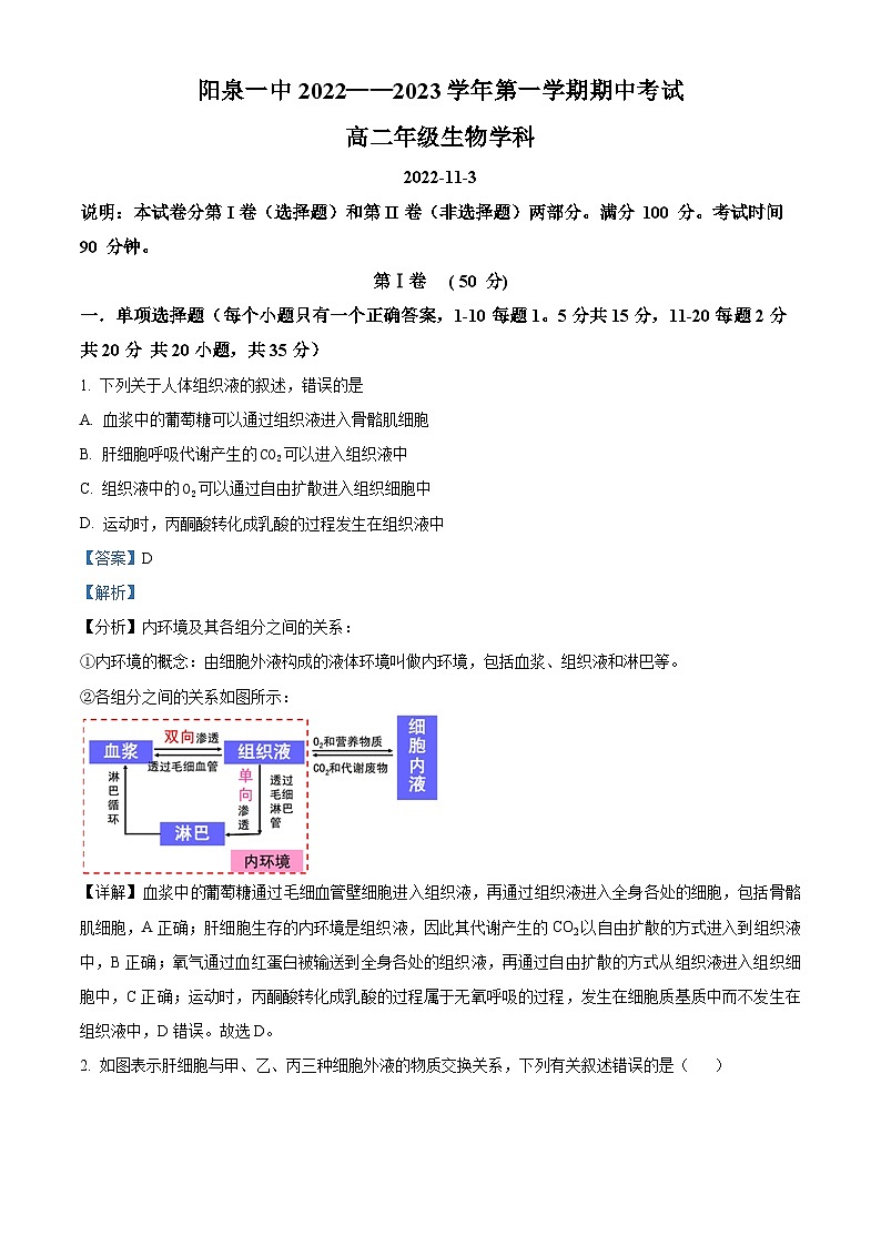 2023阳泉一中高二上学期期中生物试题含解析01