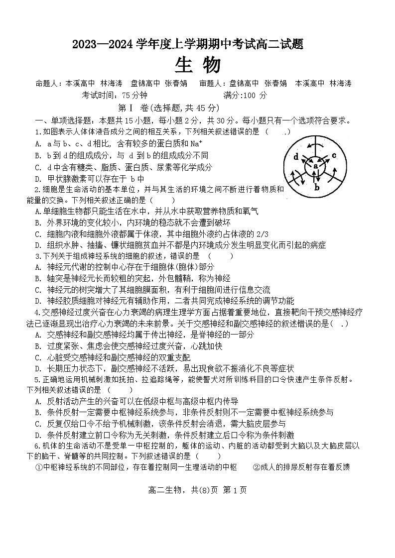 2024辽宁省部分学校高二上学期11月期中考试生物含解析01