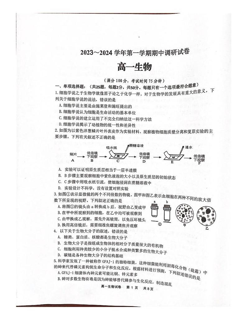 江苏宿迁市泗阳县2023-2024学年高一上学期期中生物学试卷第1页