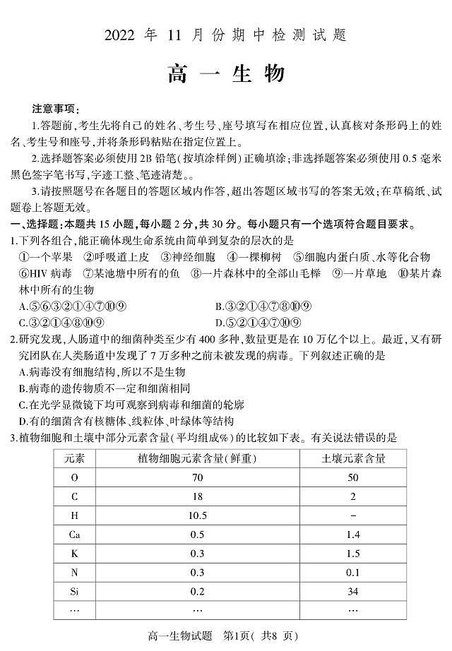 2022-2023学年山东省潍坊安丘市高一上学期期中考试 生物 PDF版第1页