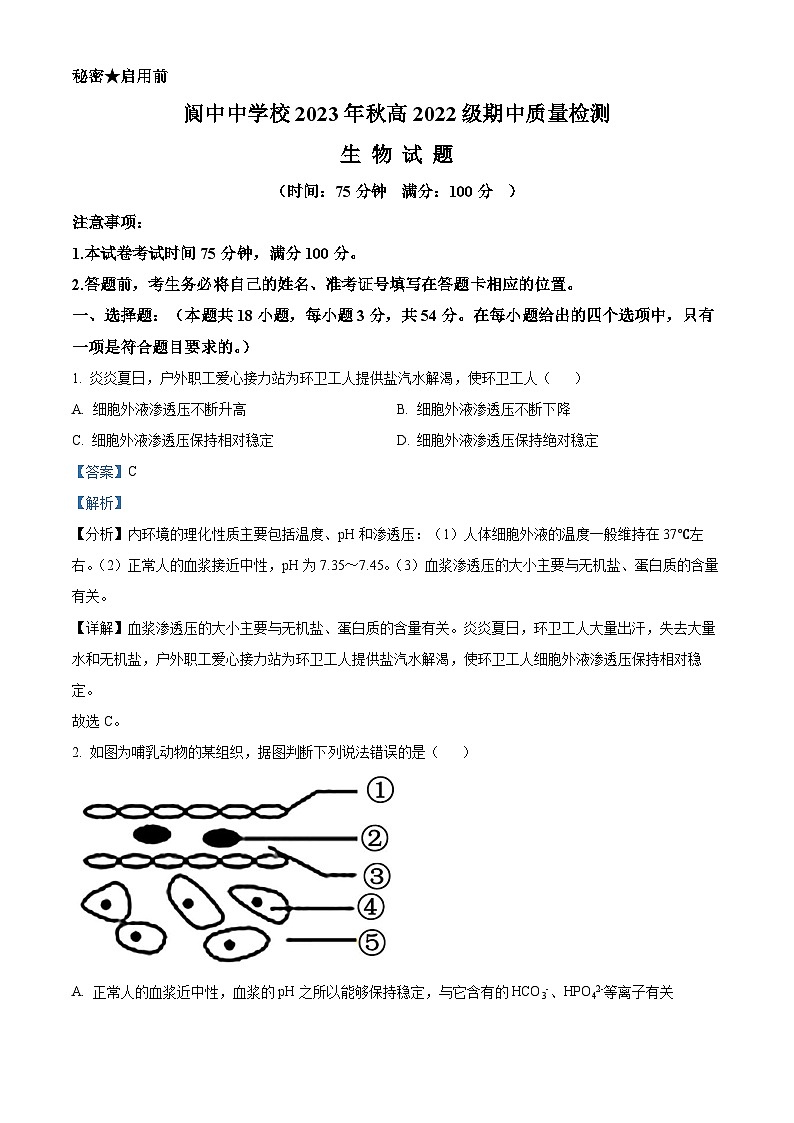 四川省南充市阆中中学2023-2024学年高二生物上学期期中试题（Word版附解析）01