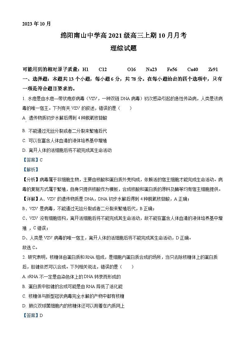 四川省绵阳南山中学2023-2024学年高三生物上学期10月月考试题（Word版附解析）第1页