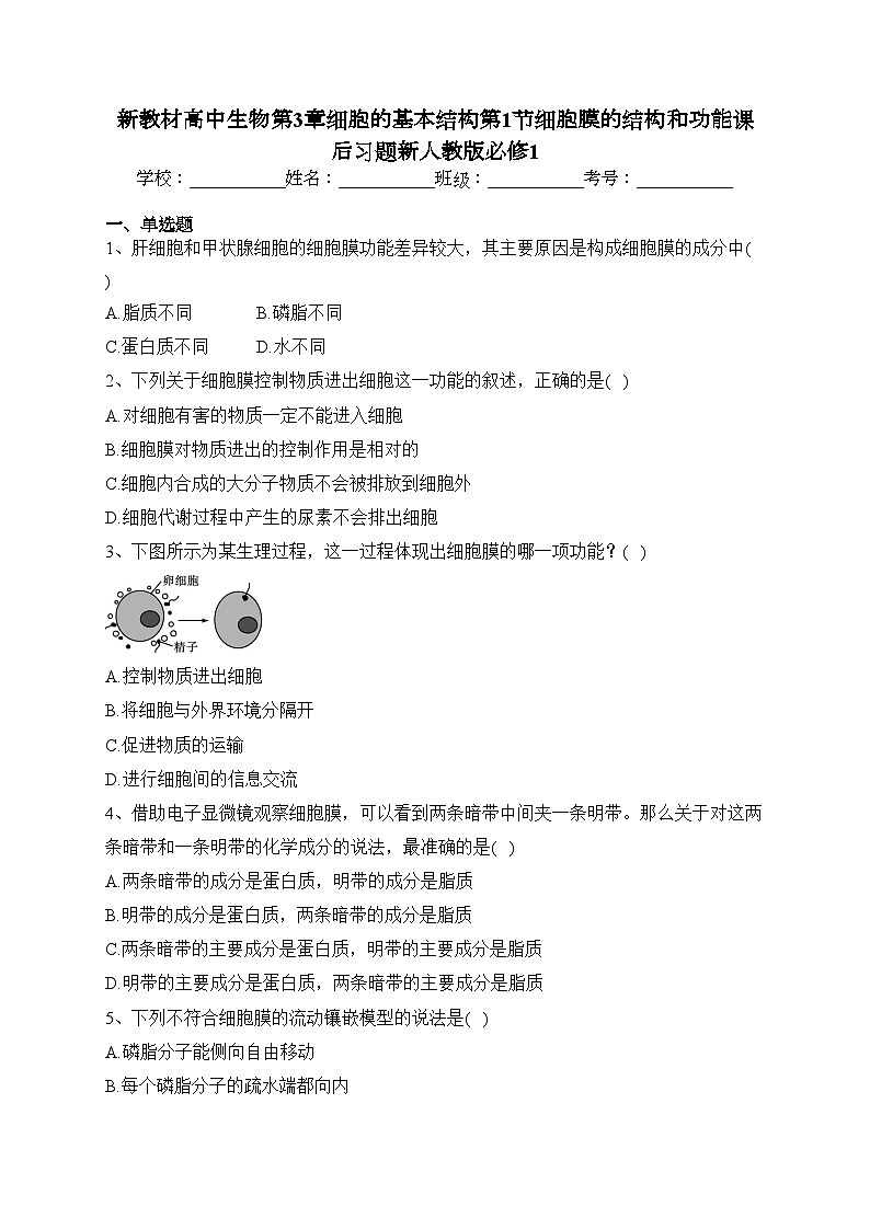 新教材高中生物第3章细胞的基本结构第1节细胞膜的结构和功能课后习题新人教版必修1(含答案)第1页