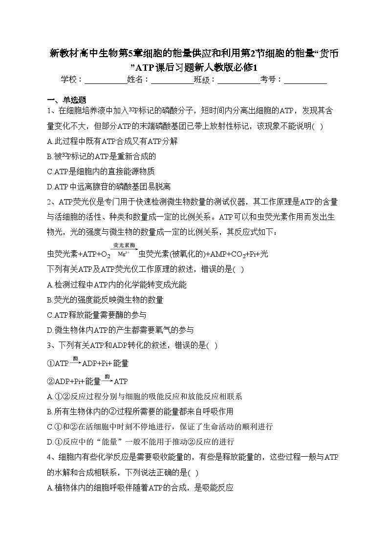 新教材高中生物第5章细胞的能量供应和利用第2节细胞的能量“货币”ATP课后习题新人教版必修1(含答案)第1页
