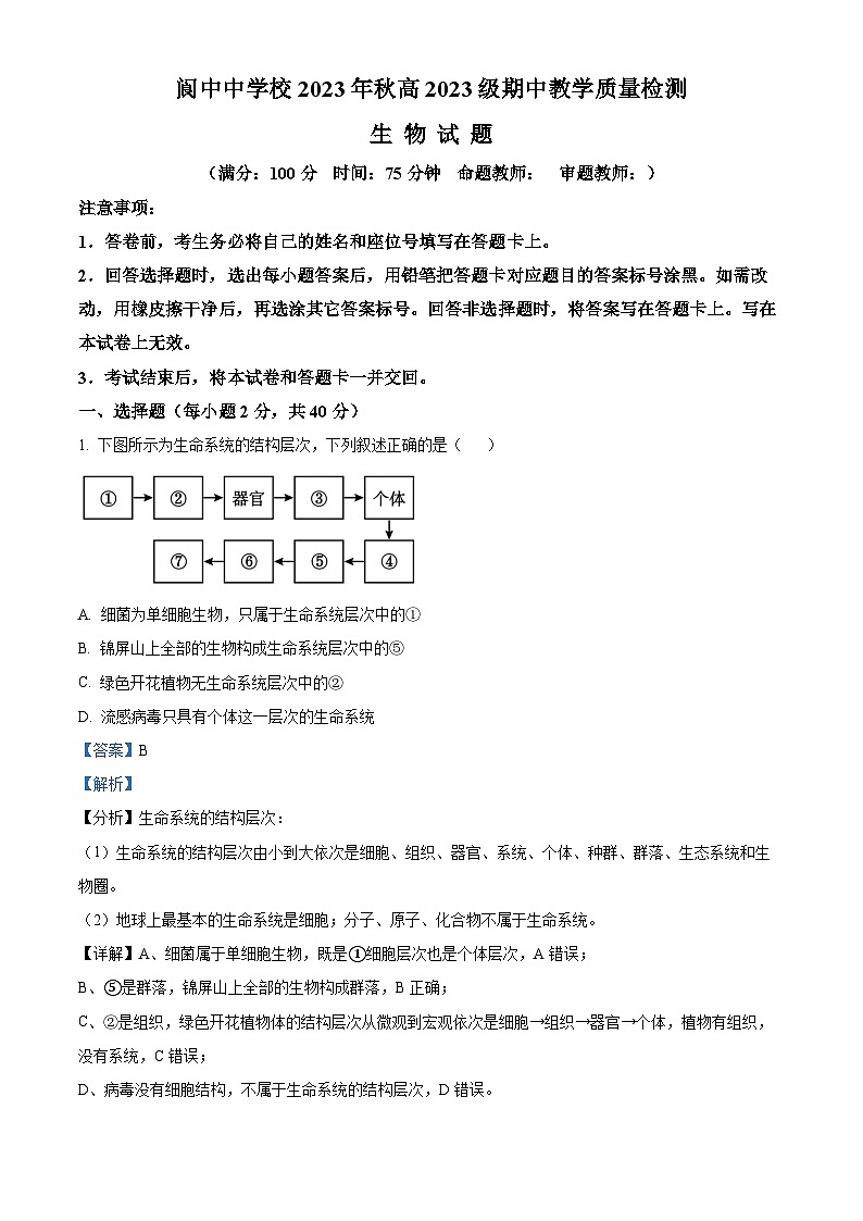 四川省南充市阆中中学2023-2024学年高一生物上学期11月期中试题（Word版附解析）第1页