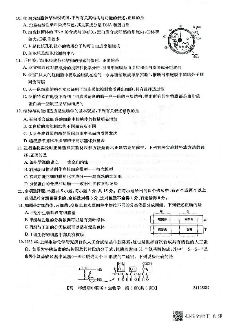 河北省保定市六校联盟2023-2024学年高一上学期11月期中生物学试题第3页