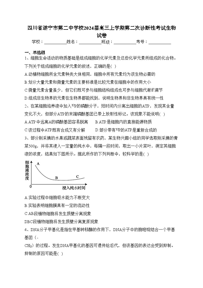 四川省遂宁市第二中学校2024届高三上学期第二次诊断性考试生物试卷(含答案)01