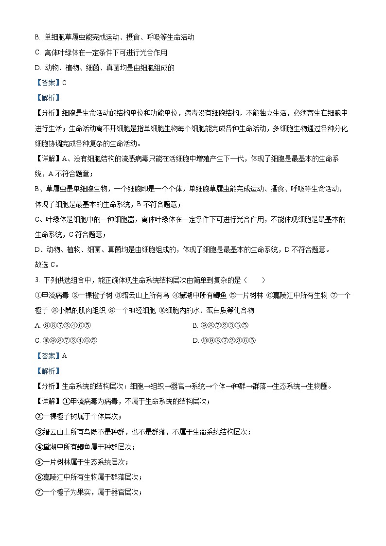 重庆市育才中学校2023-2024学年高一生物上学期拔尖强基联合定时检测（一）试题（Word版附解析）02