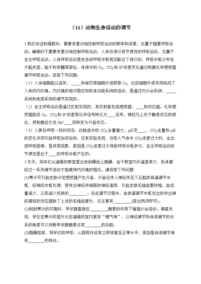 2024届高考生物一轮复习大题专练【配套新教材】（11）动物生命活动的调节第1页