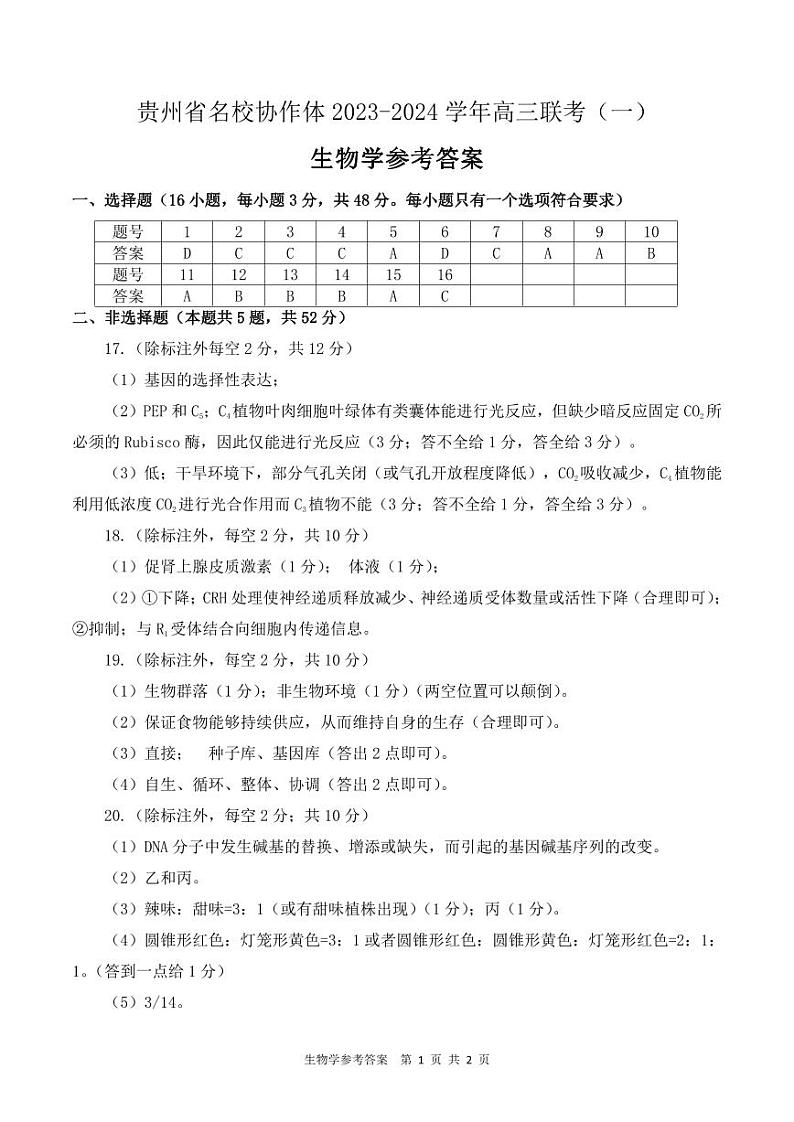贵州省名校协作体2023-2024学年高三上学期联考（一）生物试卷01