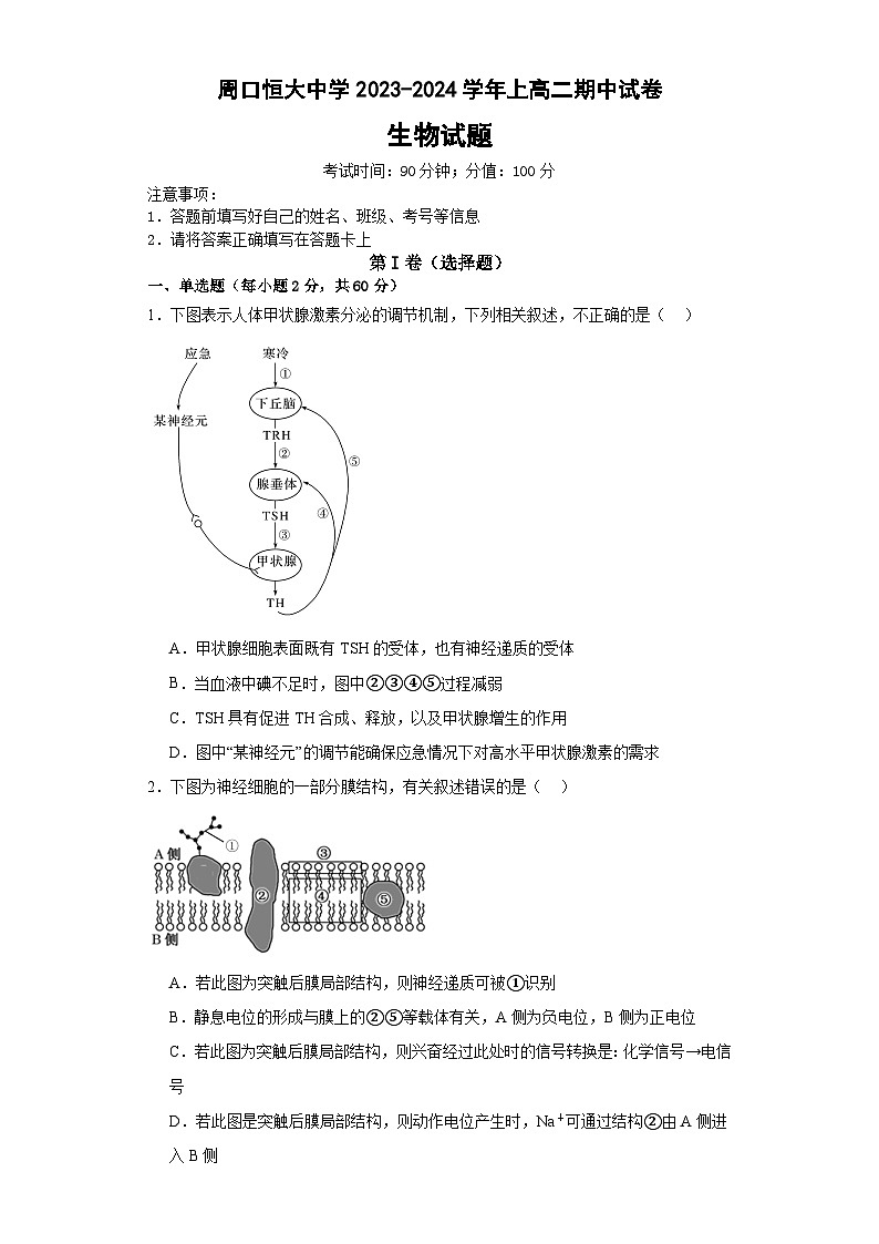 河南省周口市周口恒大中学2023-2024学年高二上学期期中考试生物试题第1页