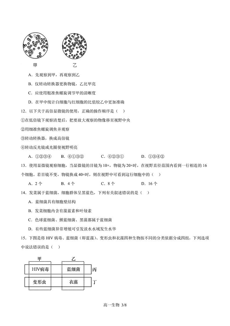 福建省福州第四十中学2023-2024学年高一上学期10月月考生物试题03