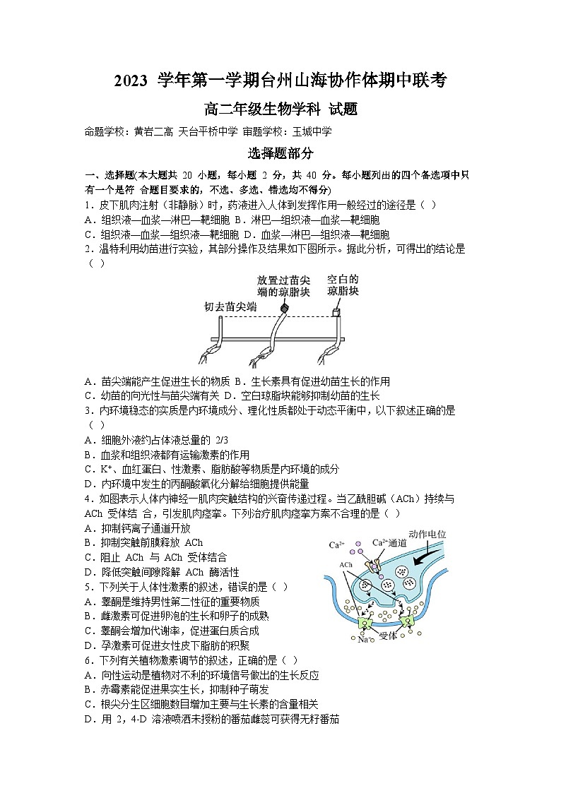 浙江省台州市山海协作体2023-2024学年高二上学期期中联考生物试题（Word版附答案）01