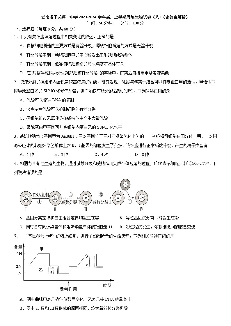 云南省下关第一中学2023-2024学年高二上学期周练生物试卷（八）01