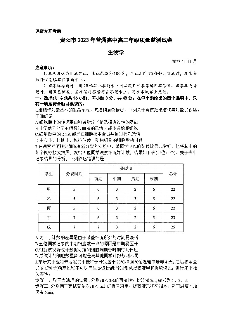 2024贵阳普通高中高三上学期11月质量监测试题生物含答案第1页