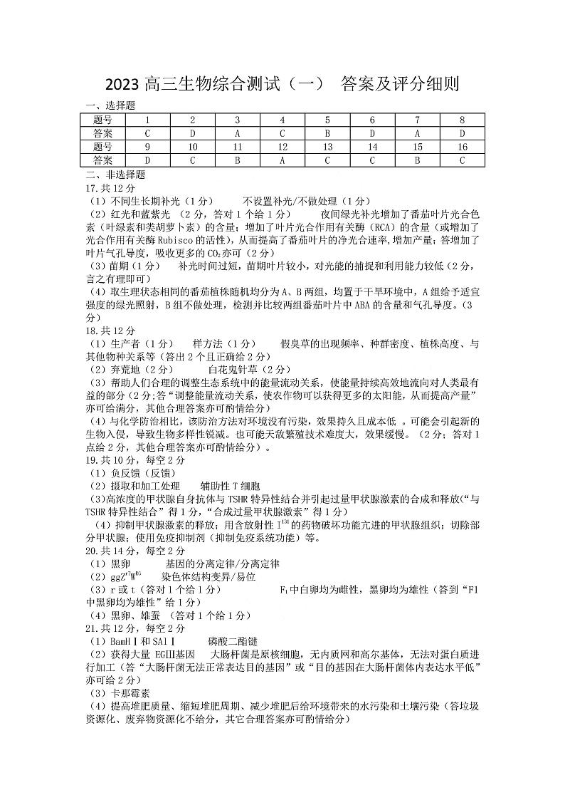 2024韶关高三上学期综合测试（一）生物PDF版含答案01