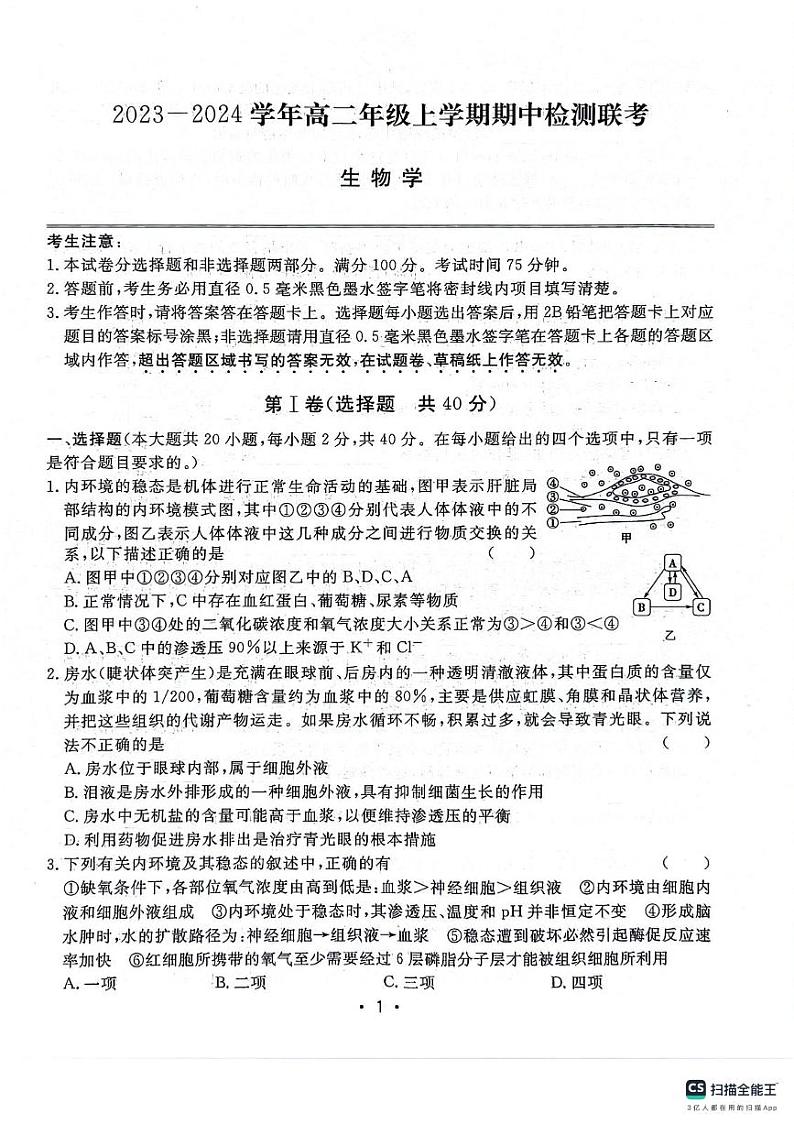 2024安徽师大附中高二上学期期中考试生物PDF版含答案01